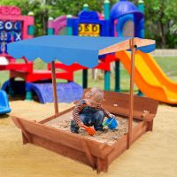 Wooden Sandbox with Convertible Cover Kids Outdoor Backyard Bench Play Sand Box  YJ